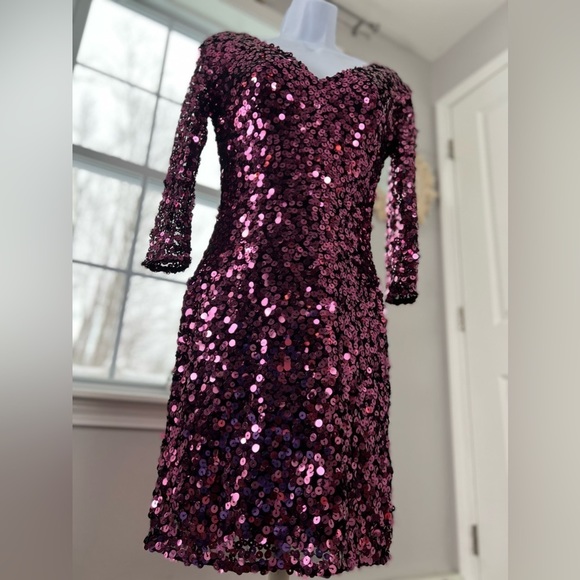Nwt Scala Plum Pink Sequins Mesh Stretchy Bodycon Dress Size 4 - Picture 17 of 17